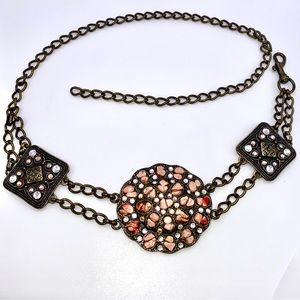 Vintage Mod 90s Brass 3 Medallions w/ Coral & Aurora Borealis Adj Chain Belt 39”